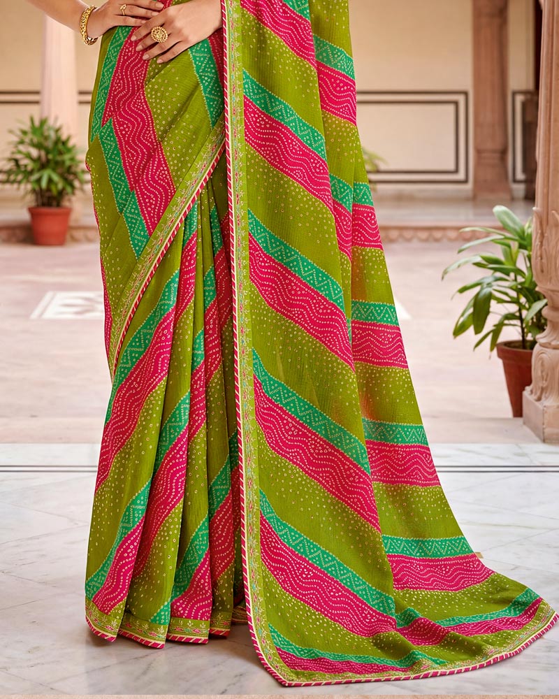 Vishal Prints Olive Green And Rose Pink Chiffon Traditional Printed Saree With Fancy Embroidery Border