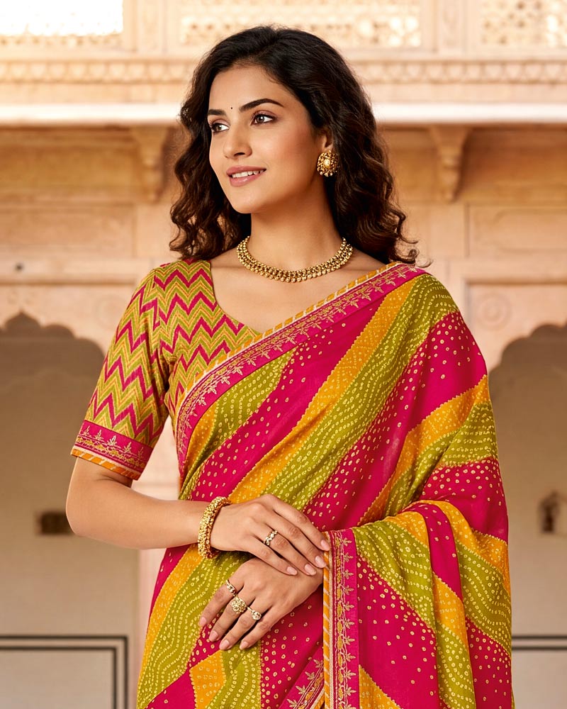 Vishal Prints Rose Red And Olive Yellow Chiffon Traditional Printed Saree With Fancy Embroidery Border