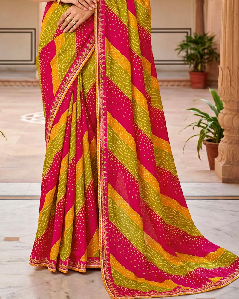 Vishal Prints Rose Red And Olive Yellow Chiffon Traditional Printed Saree With Fancy Embroidery Border