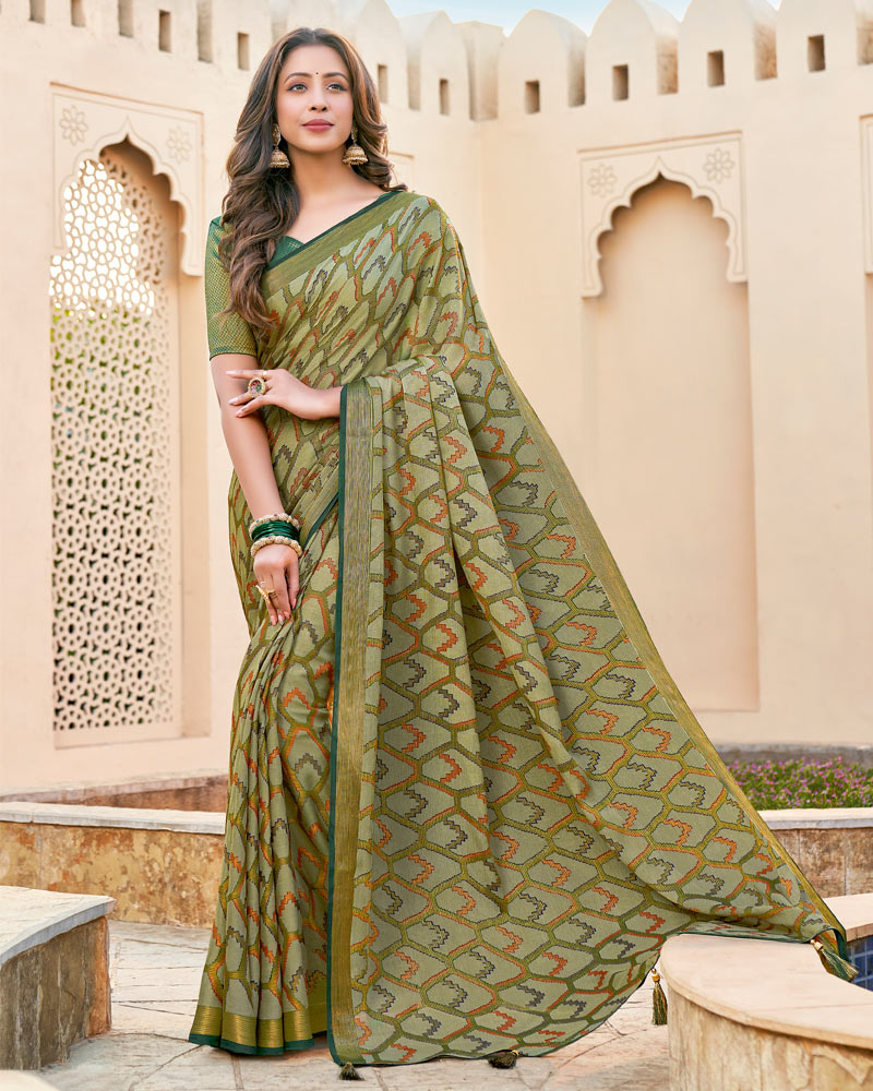 Vishal Prints Olive Green Brasso Saree With Tassel