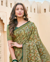 Vishal Prints Olive Green Brasso Saree With Tassel
