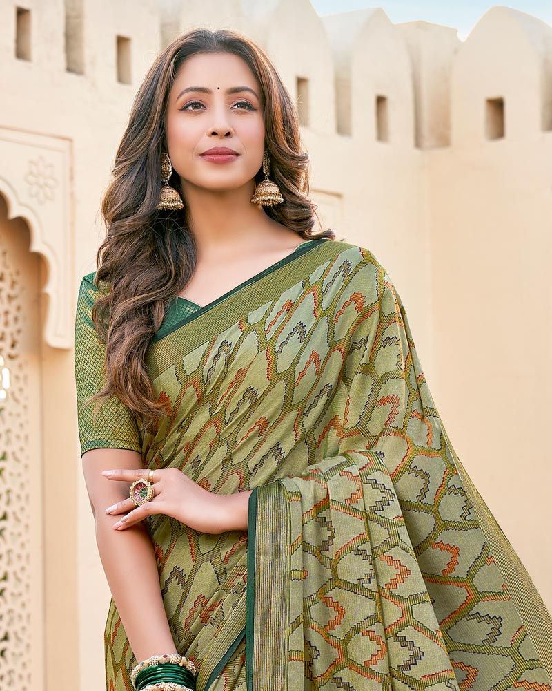 Vishal Prints Olive Green Brasso Saree With Tassel