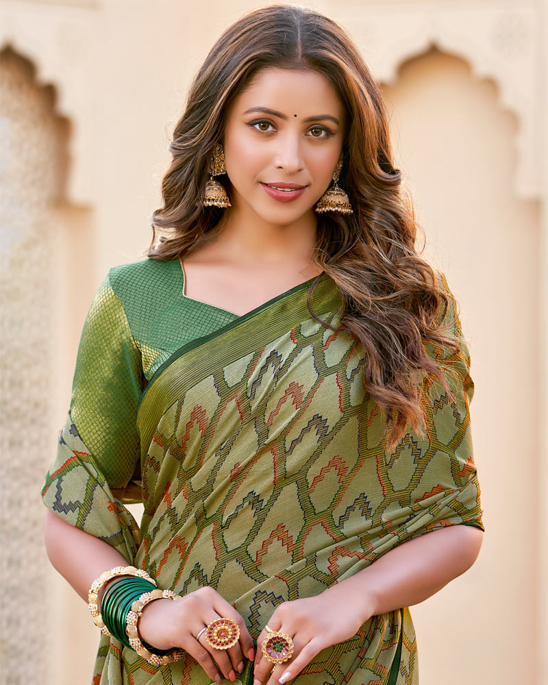 Vishal Prints Olive Green Brasso Saree With Tassel