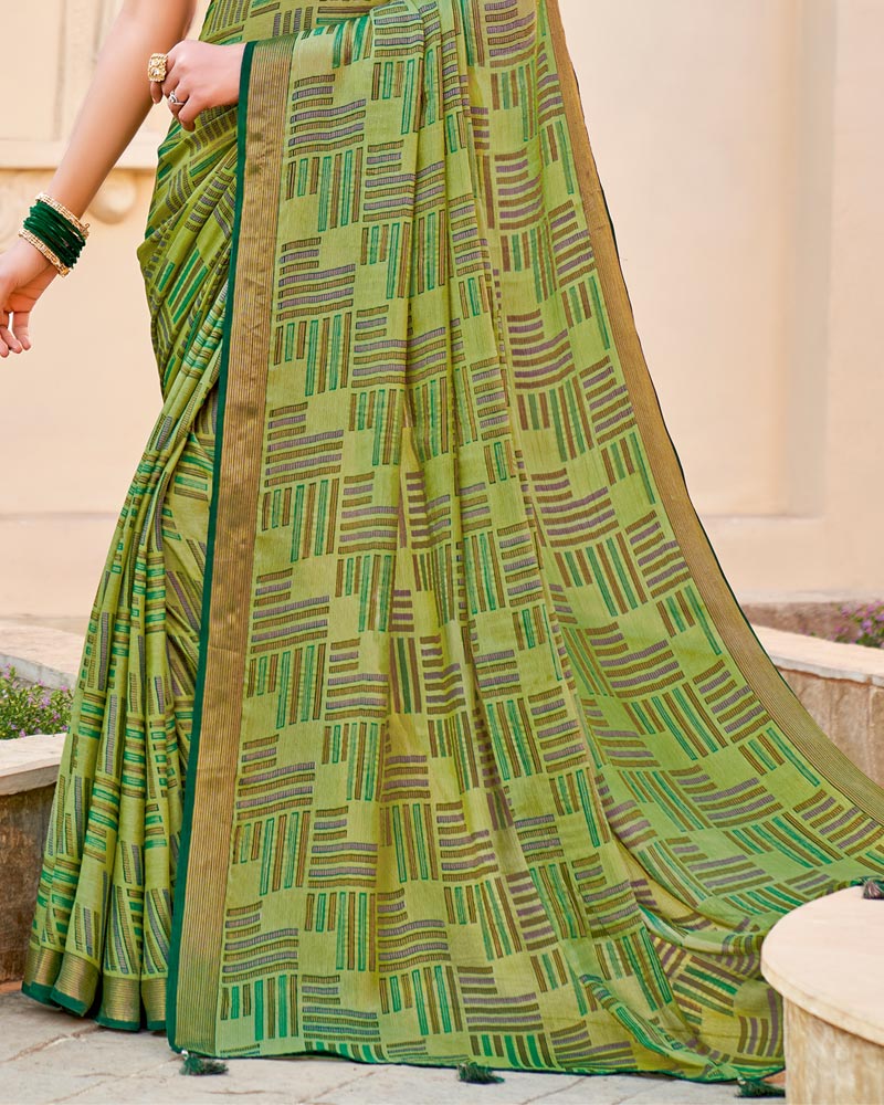 Vishal Prints Olive Brasso Saree With Tassel
