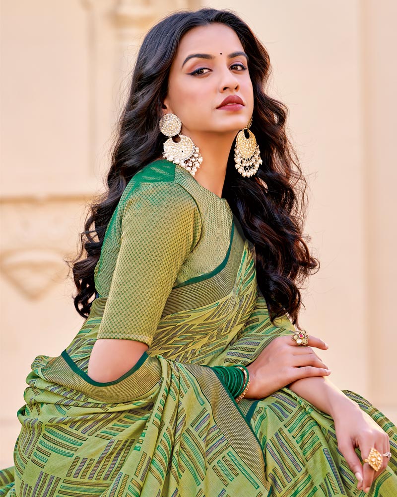 Vishal Prints Olive Brasso Saree With Tassel