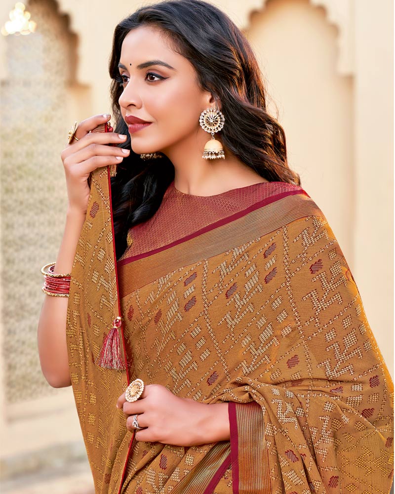 Vishal Prints Brownish Orange Brasso Saree With Tassel