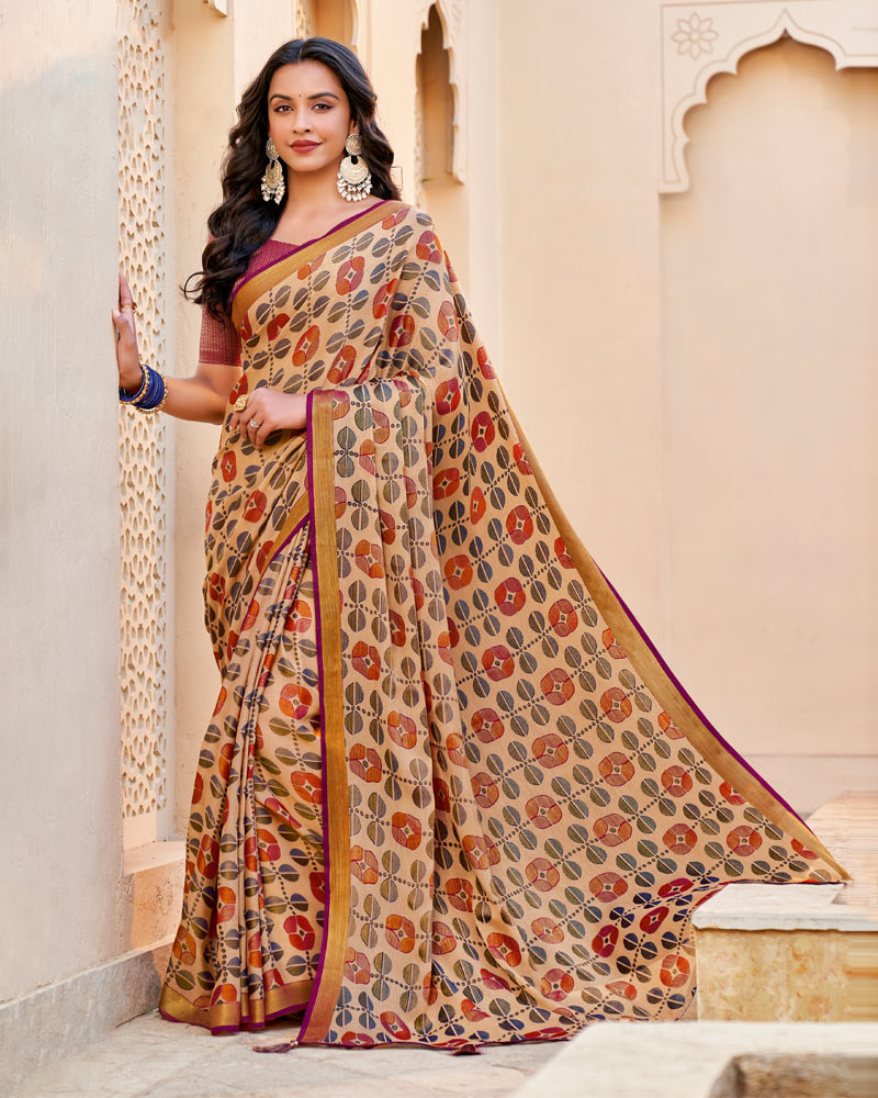Vishal Prints Light Brown Brasso Saree With Tassel