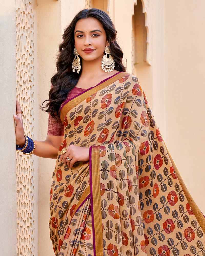 Vishal Prints Light Brown Brasso Saree With Tassel