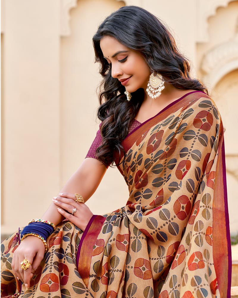Vishal Prints Light Brown Brasso Saree With Tassel