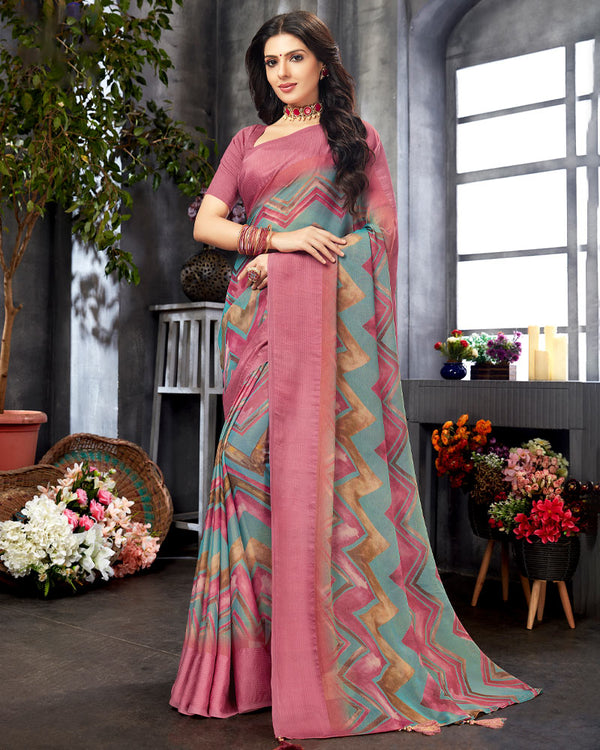 Vishal Prints Rose Pink Digital Print And Printed Brasso Saree With Tassel