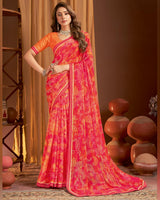 Vishal Prints Pinkish Red Printed Chiffon Saree With Fancy Border