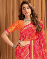 Vishal Prints Pinkish Red Printed Chiffon Saree With Fancy Border