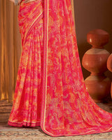 Vishal Prints Pinkish Red Printed Chiffon Saree With Fancy Border