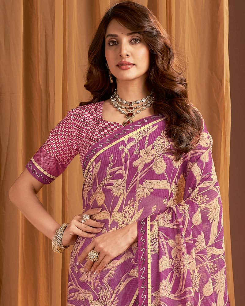 Vishal Prints Light Plum Printed Chiffon Saree With Fancy Border