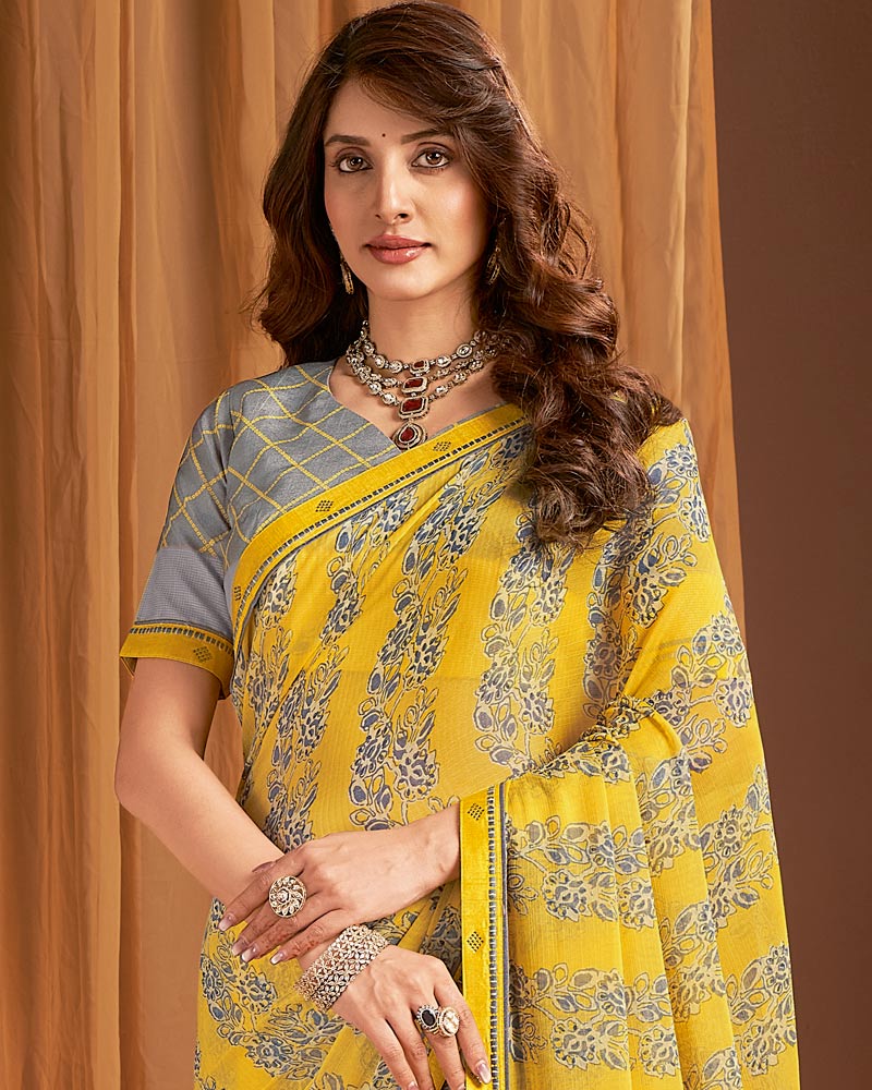Vishal Prints Tulip Yellow Printed Chiffon Saree With Fancy Border