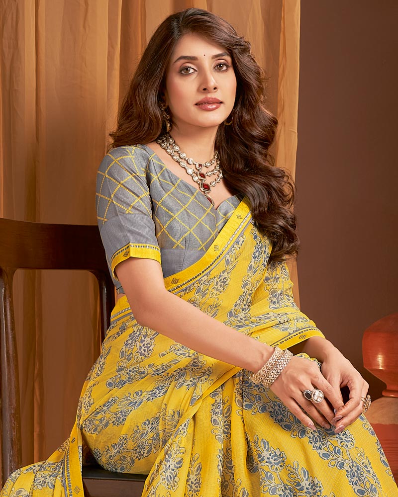 Vishal Prints Tulip Yellow Printed Chiffon Saree With Fancy Border