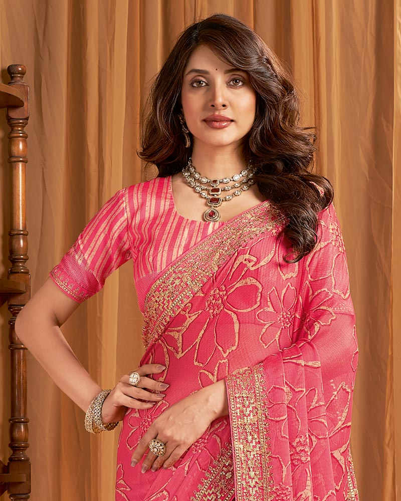 Vishal Prints Salmon Pink Printed Chiffon Saree With Zari Border