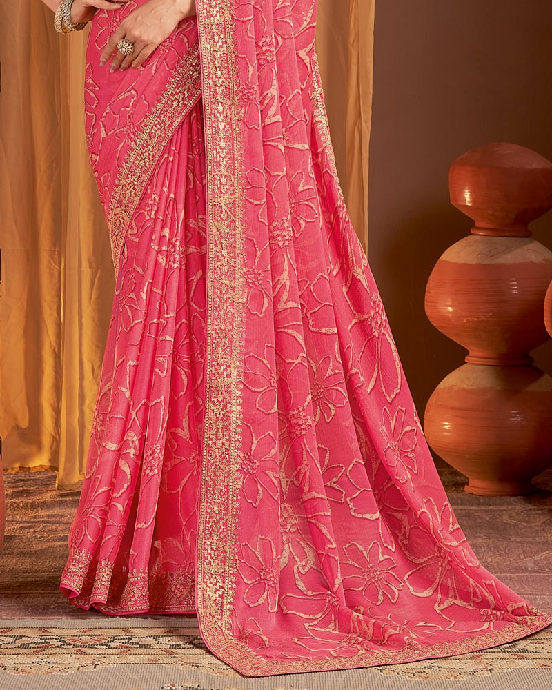 Vishal Prints Salmon Pink Printed Chiffon Saree With Zari Border