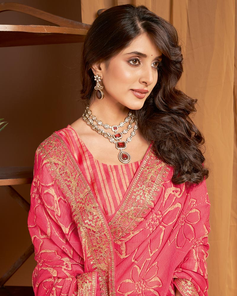 Vishal Prints Salmon Pink Printed Chiffon Saree With Zari Border