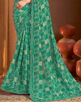 Vishal Prints Pine Green Printed Chiffon Saree With Fancy Border
