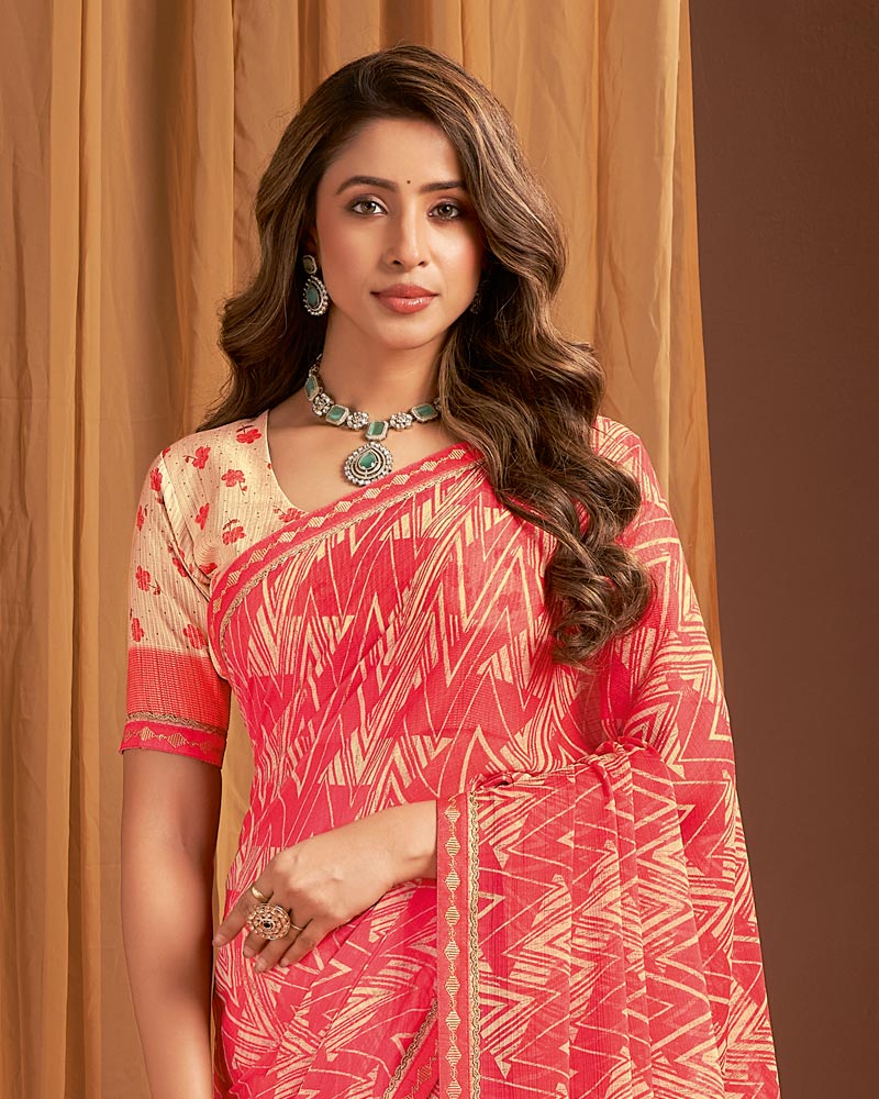 Vishal Prints Light Carmine Pink Printed Chiffon Saree With Fancy Border