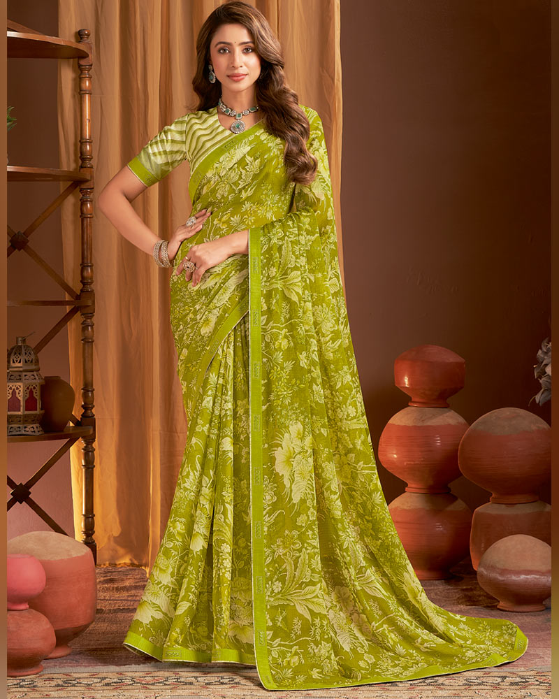 Vishal Prints Light Olive Green Printed Chiffon Saree With Fancy Border