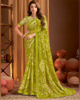 Vishal Prints Light Olive Green Printed Chiffon Saree With Fancy Border