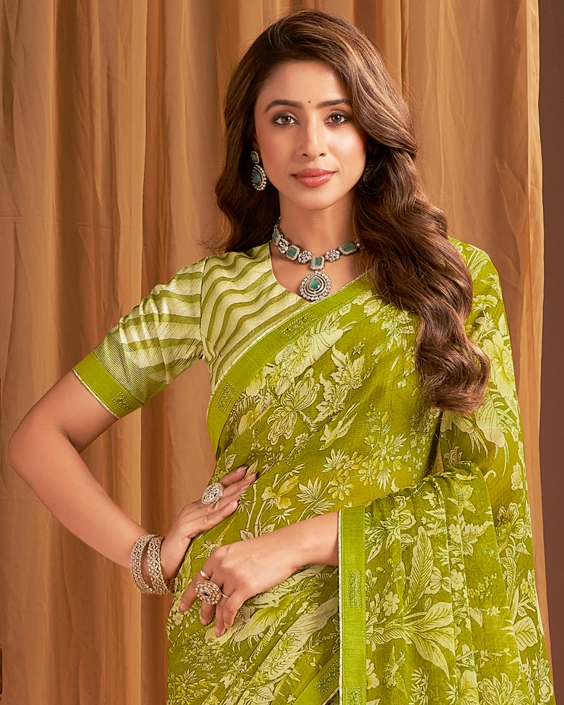 Vishal Prints Light Olive Green Printed Chiffon Saree With Fancy Border