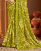 Vishal Prints Light Olive Green Printed Chiffon Saree With Fancy Border