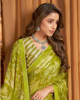 Vishal Prints Light Olive Green Printed Chiffon Saree With Fancy Border