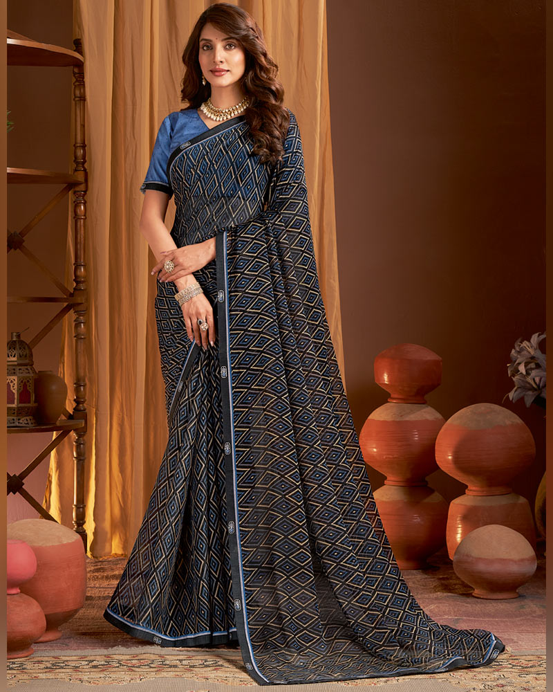 Vishal Prints Multi Black-Blue Printed Chiffon Saree With Fancy Border