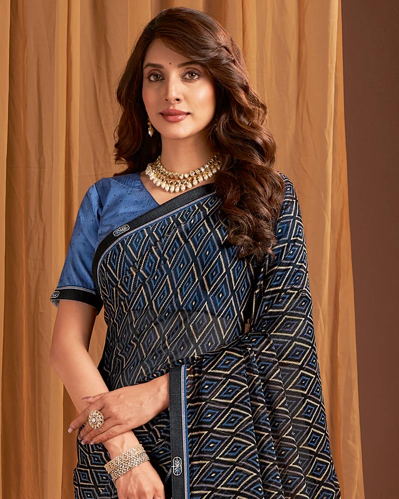 Vishal Prints Multi Black-Blue Printed Chiffon Saree With Fancy Border