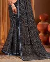 Vishal Prints Multi Black-Blue Printed Chiffon Saree With Fancy Border