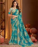 Vishal Prints Dark Aqua Green Printed Chiffon Saree With Cut Work Zari Border