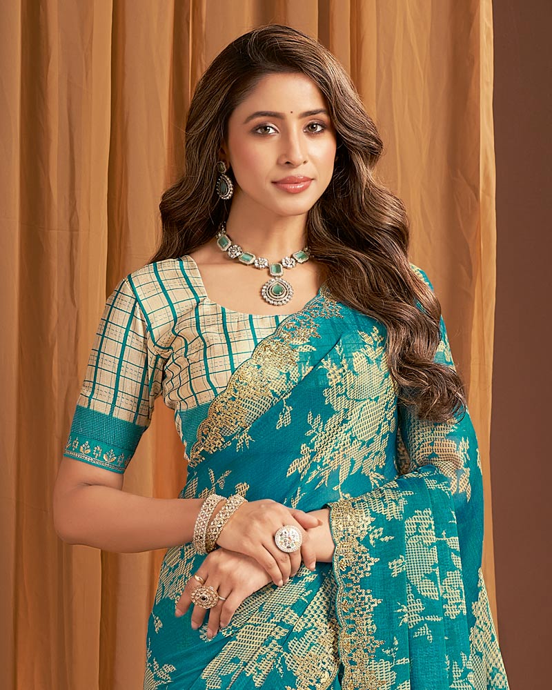 Vishal Prints Dark Aqua Green Printed Chiffon Saree With Cut Work Zari Border