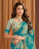 Vishal Prints Dark Aqua Green Printed Chiffon Saree With Cut Work Zari Border