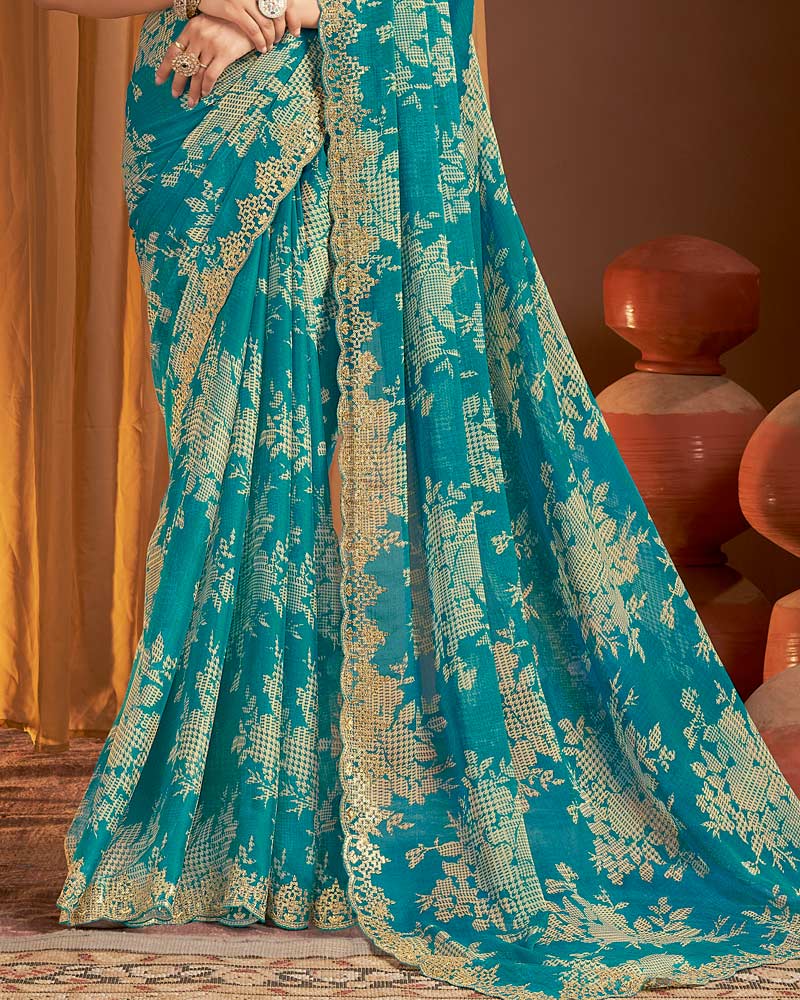 Vishal Prints Dark Aqua Green Printed Chiffon Saree With Cut Work Zari Border
