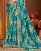 Vishal Prints Dark Aqua Green Printed Chiffon Saree With Cut Work Zari Border