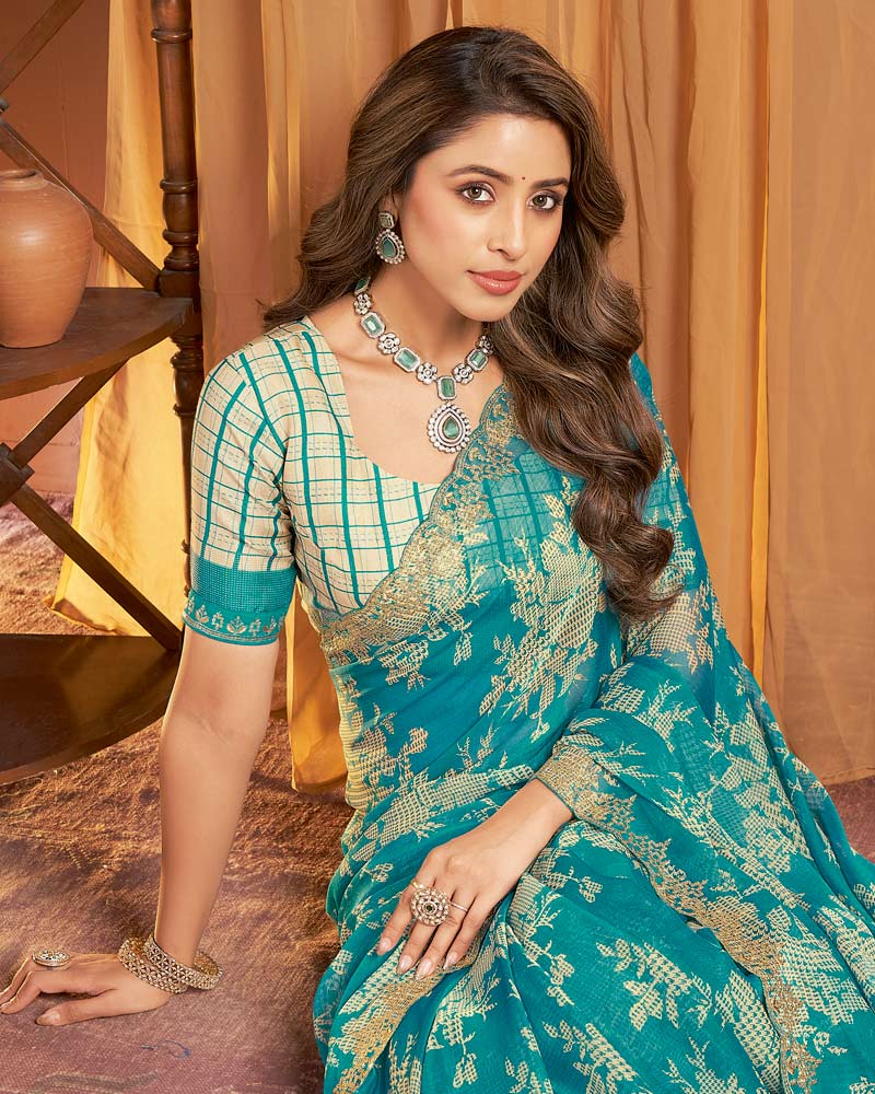Vishal Prints Dark Aqua Green Printed Chiffon Saree With Cut Work Zari Border