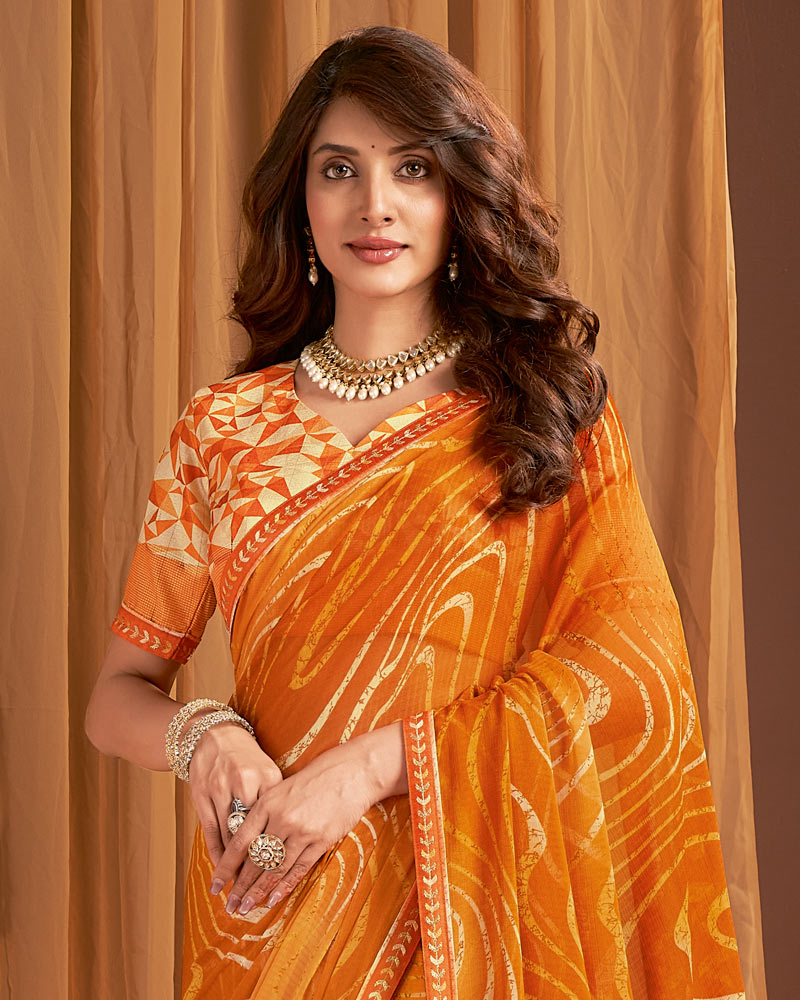 Vishal Prints Flame Orange Printed Chiffon Saree With Fancy Border