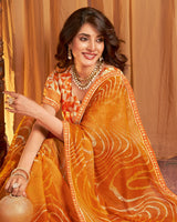 Vishal Prints Flame Orange Printed Chiffon Saree With Fancy Border
