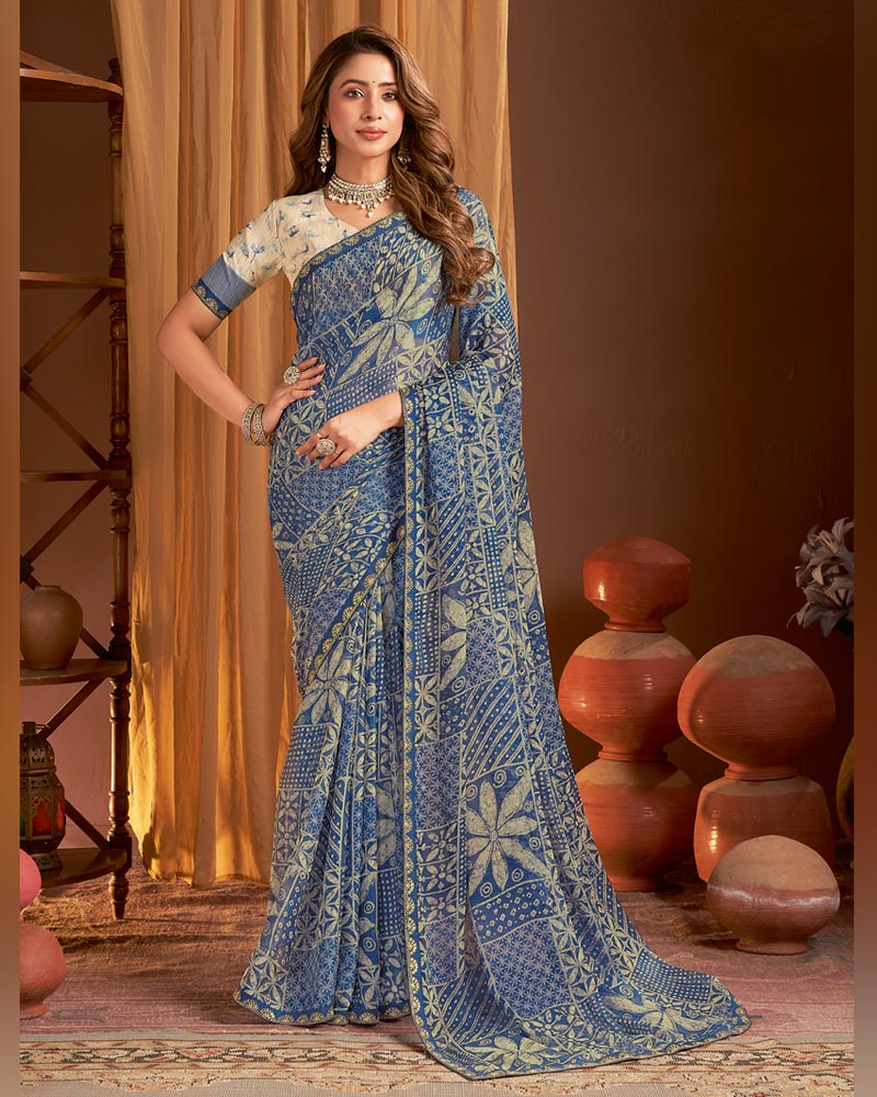 Vishal Prints Kashmir Blue Printed Chiffon Saree With Fancy Border