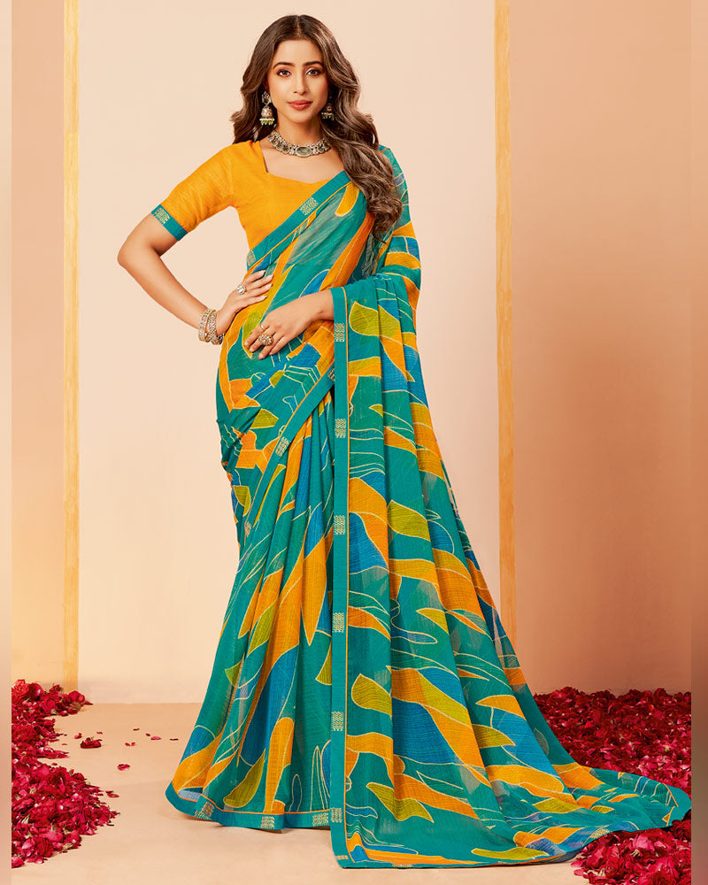 Vishal Prints Persian Green Printed Fancy Chiffon Saree With Border