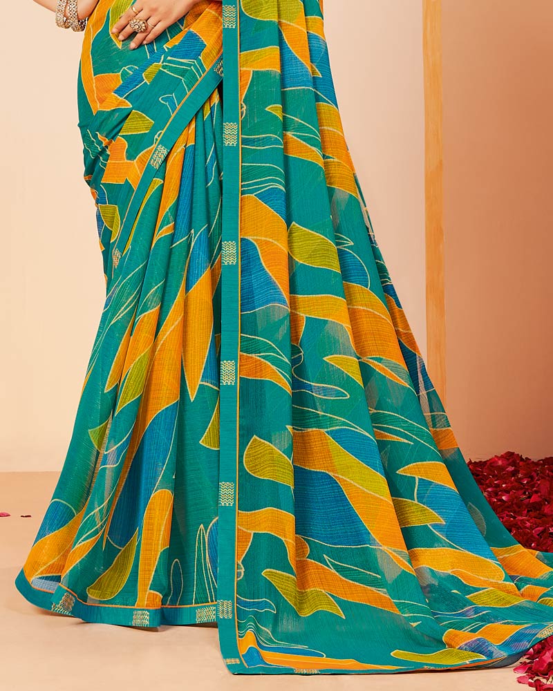 Vishal Prints Persian Green Printed Fancy Chiffon Saree With Border