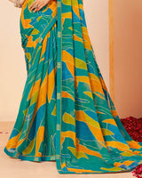 Vishal Prints Persian Green Printed Fancy Chiffon Saree With Border
