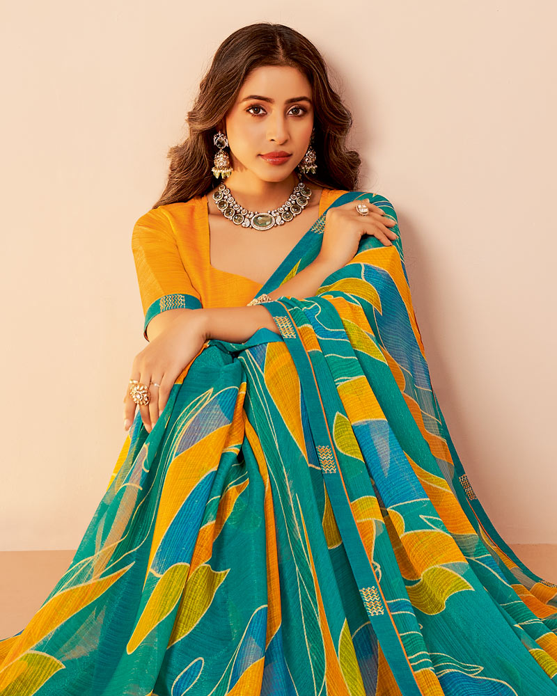 Vishal Prints Persian Green Printed Fancy Chiffon Saree With Border