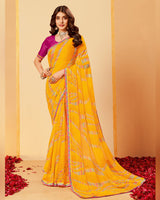 Vishal Prints Yellow Orange Printed Fancy Chiffon Saree With Border