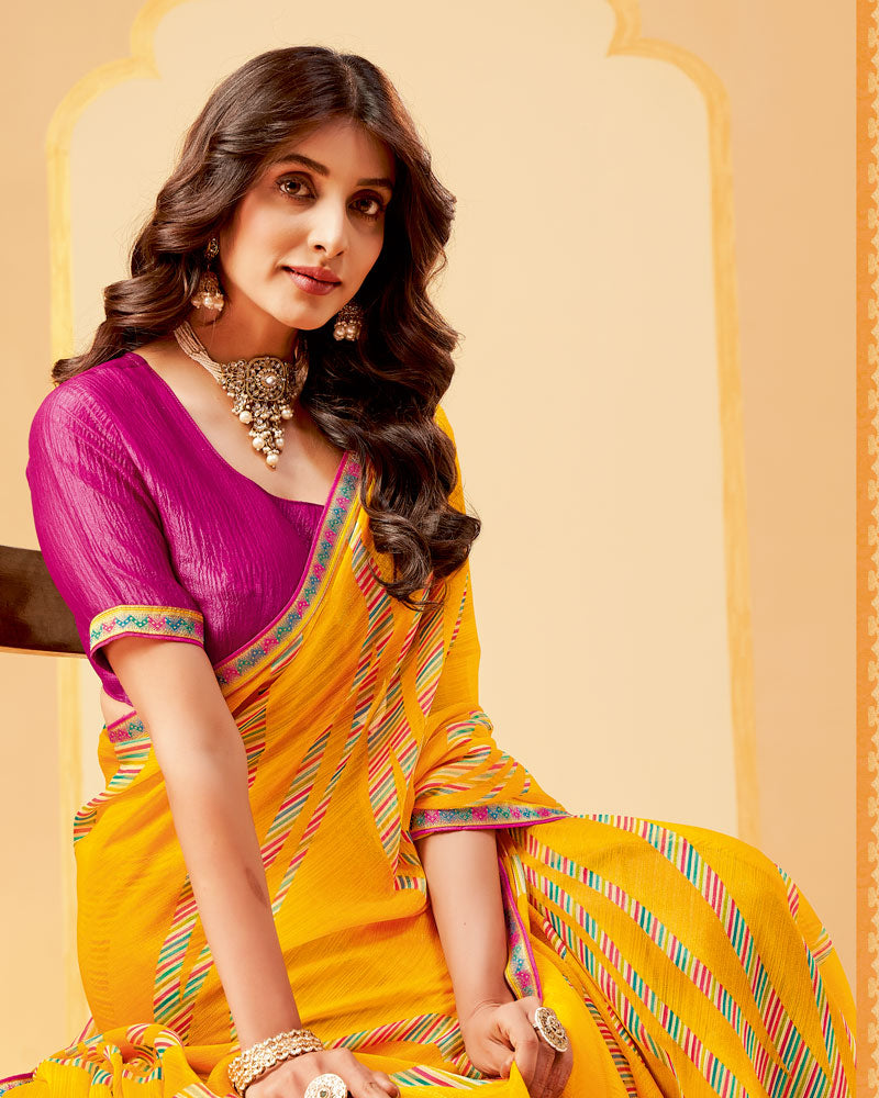 Vishal Prints Yellow Orange Printed Fancy Chiffon Saree With Border