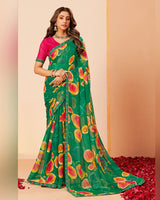 Vishal Prints Dark Spring Green Printed Fancy Chiffon Saree With Border