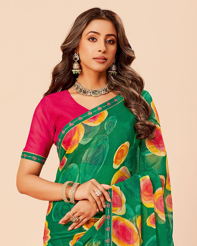 Vishal Prints Dark Spring Green Printed Fancy Chiffon Saree With Border